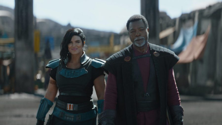 Gina Carano is Cara Dune and Carl Weathers is Greef Karga in Lucasfilms THE MANDALORIAN, season two, exclusively on Disney+. © 2020 Lucasfilm Ltd. & ™. All Rights Reserved.