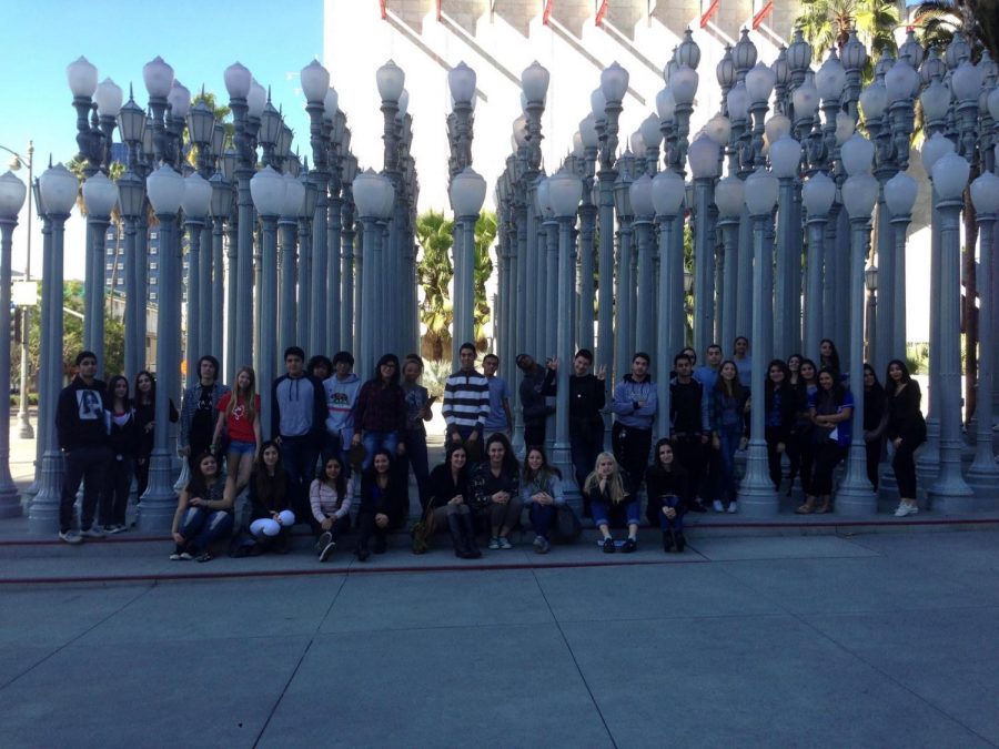 Ms. Shiroyan, Ms. Bedrousi, Ms. Masouris, and their art students, pose in front of the LA County Museum of Art during simpler times