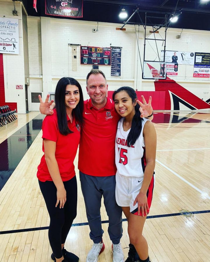 Cherilyn Legaspi poses with Coach Tadeh Mardirosian and former 3-point record-holder, Lilia Vasghanian