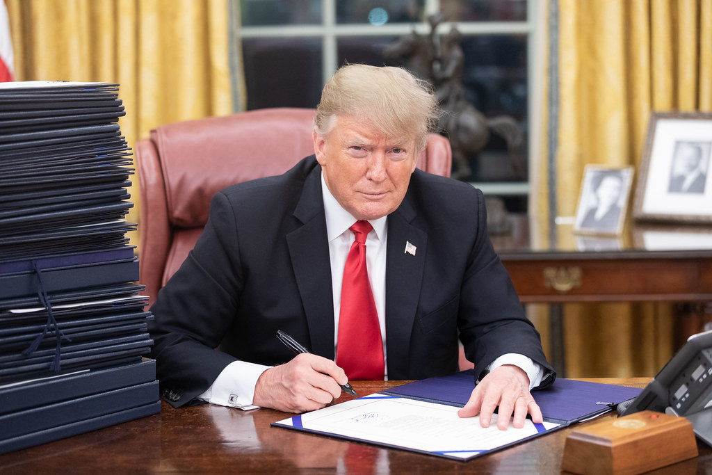 Donald Trump signing a stack of executive orders that will definitely benefit the American people. 