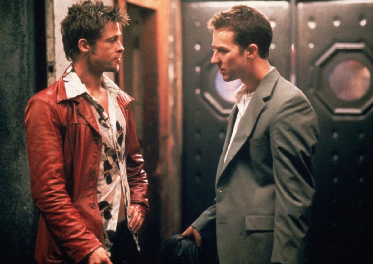 Brad Pitt and Edward Norton have a one-sided conversation in Fight Club.